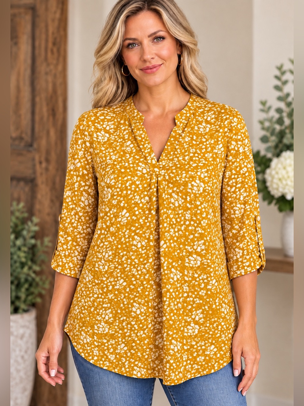 Ninedaily Mustard Floral Tunic Blouse 3/4 Sleeve NWOT